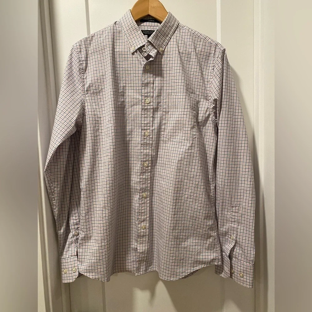 Banana Republic Men's Slim Flex Fit Plaid Shirt - White and Blue and Pink